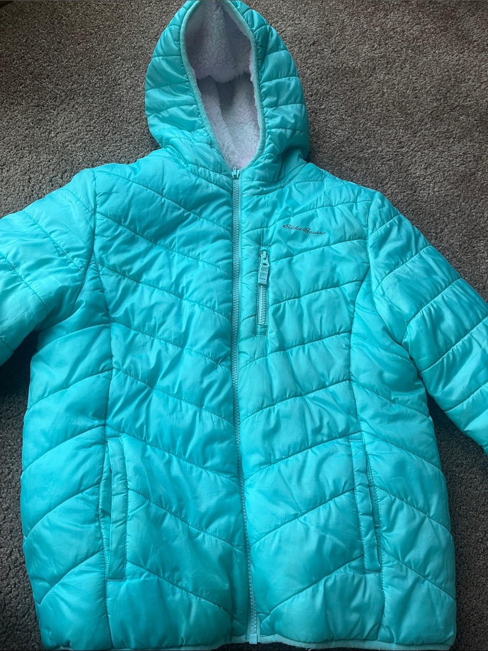 Eddie Bauer Girls' Hooded Puffer Jacket in Aqua Blue Reversible